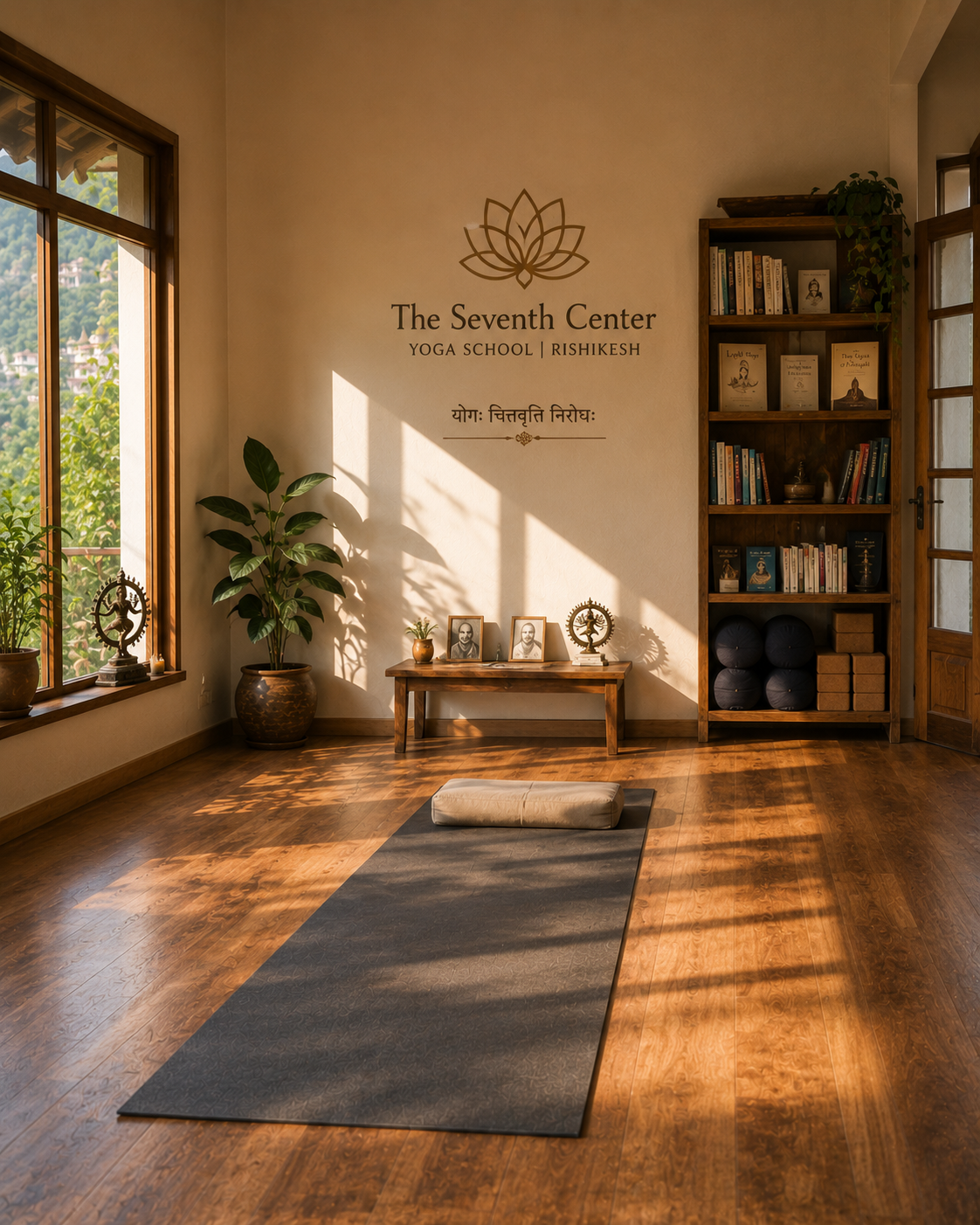 The interior of a yoga studio in Rishikesh morning light, quiet, the room before practice begins