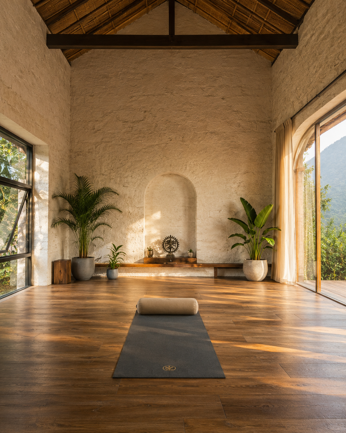 Yoga studio in Rishikesh early morning light, students in practice