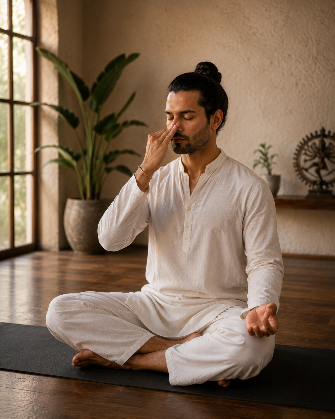 Kundalini yoga student in guided breathing practice with mudra hand position