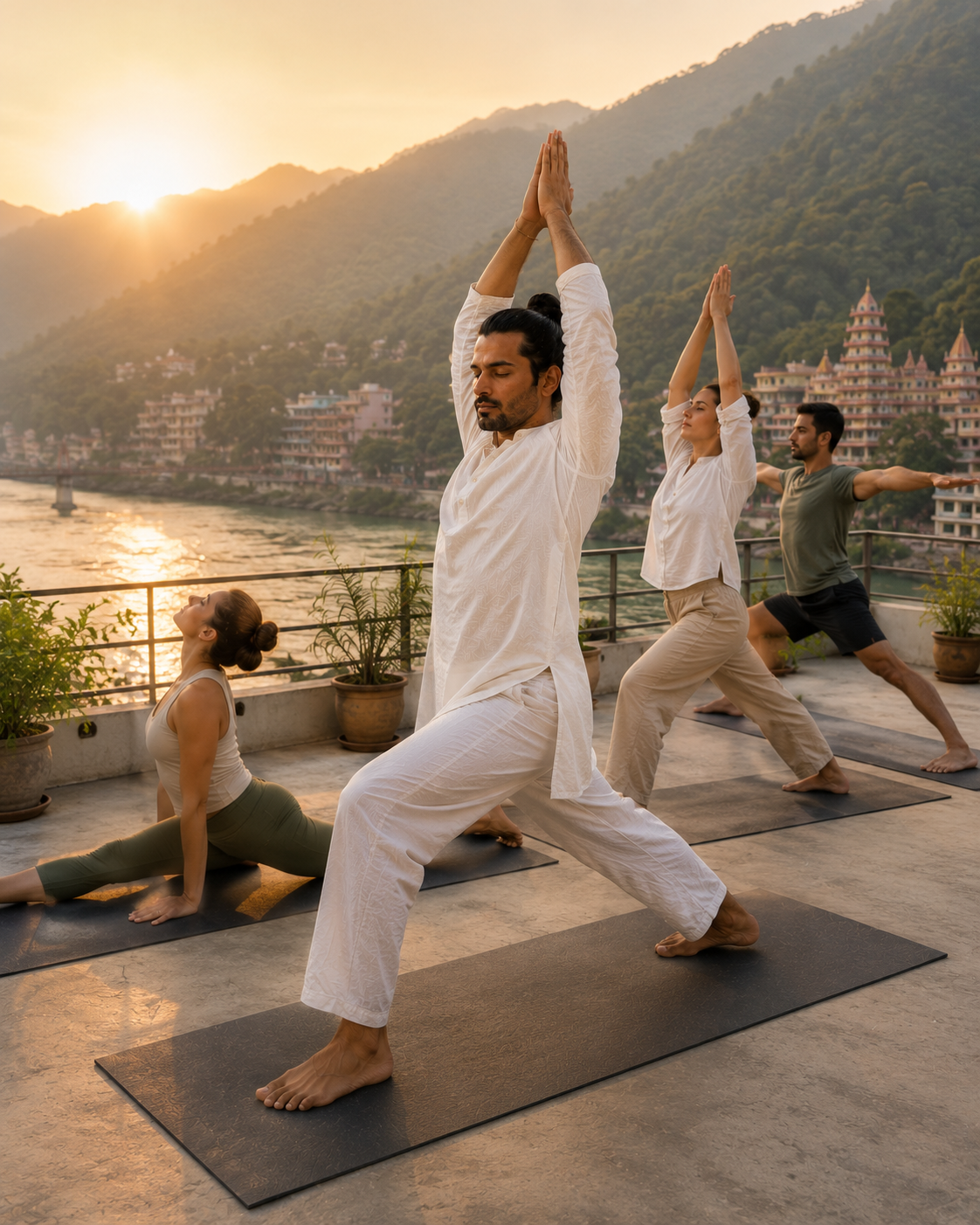 Yoga retreat morning practice at sunrise in Rishikesh the moment before the day begins