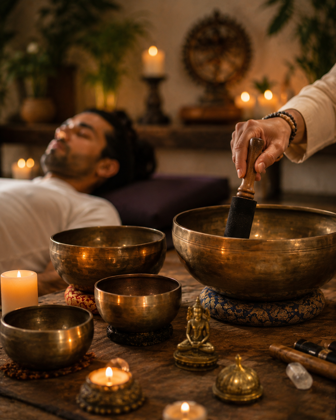 Tibetan singing bowls arranged for a sound healing session various sizes producing different frequencies
