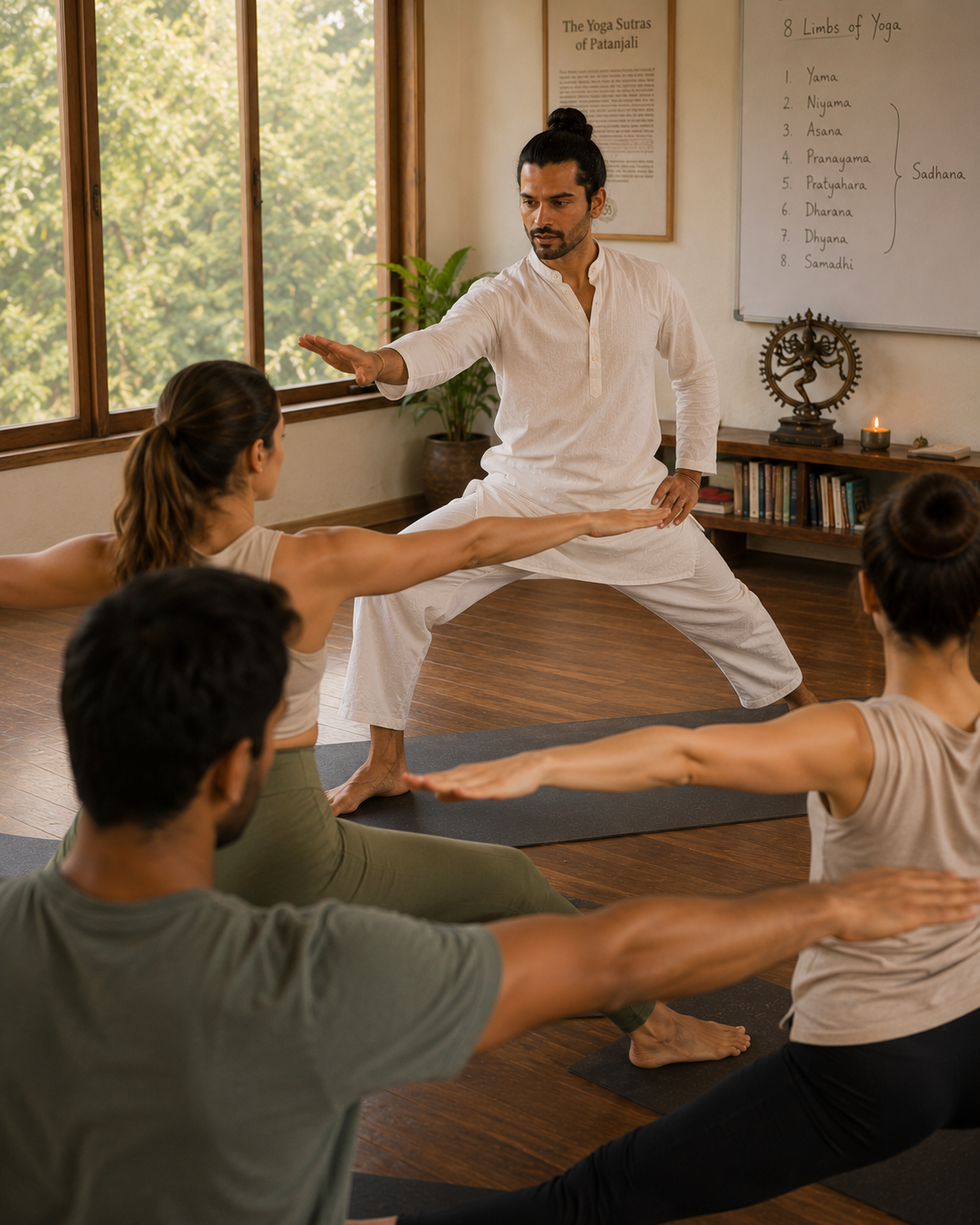 Advanced yoga teacher training students in deep study and practice 300 hour level in Rishikesh