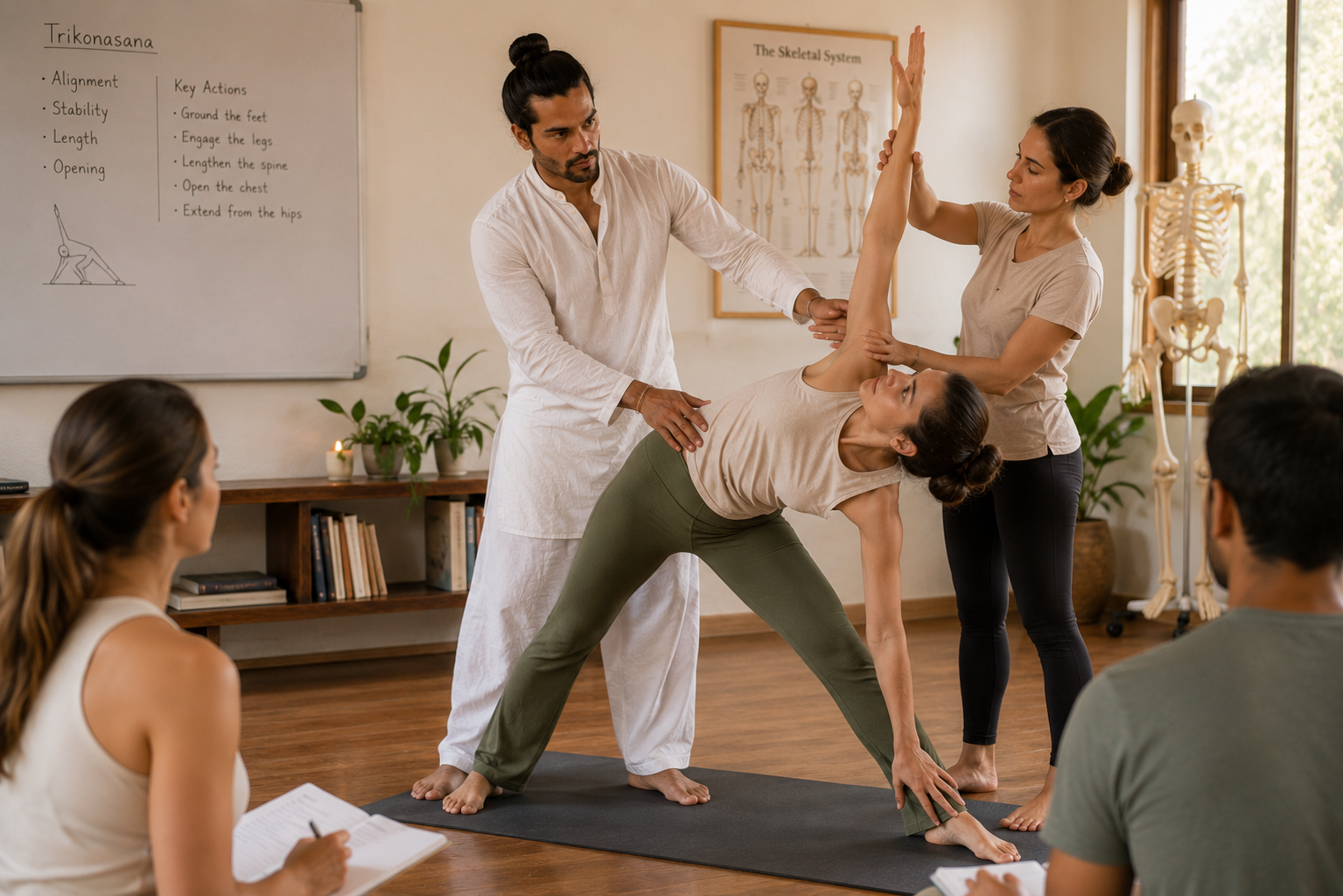 A yoga teacher working individually with a student during a small group class in Rishikesh