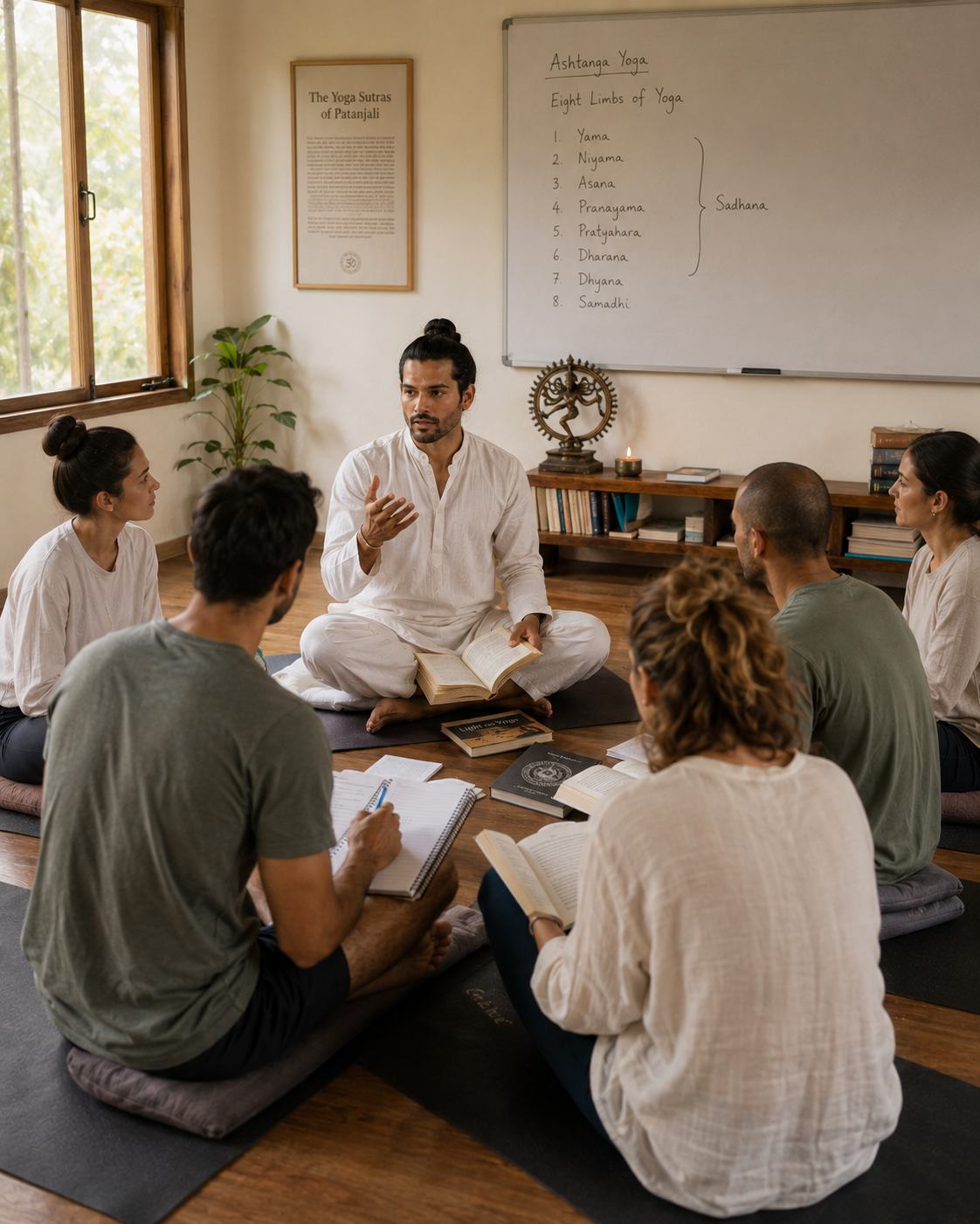 Students in a yoga teacher training program working through asana alignment in a Rishikesh studio